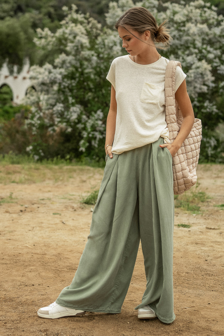 sage wide leg pants with cream top 
