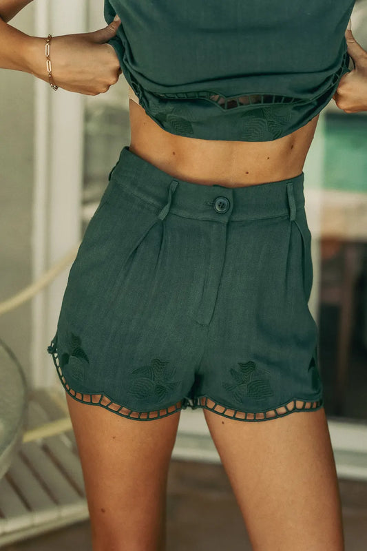 High rise embroidered shorts in teal 
