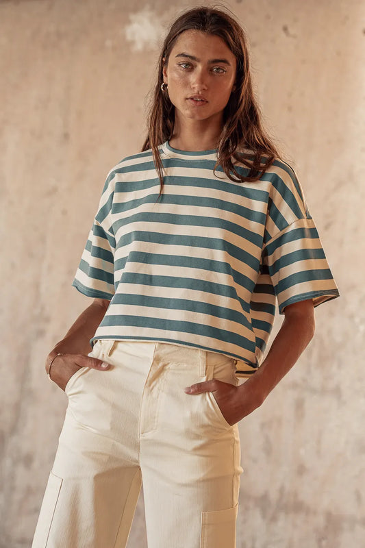 Round neck striped top in teal 