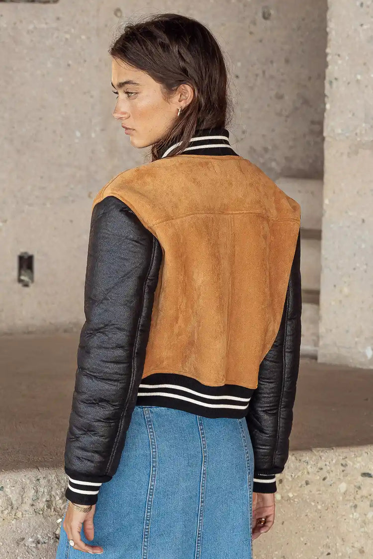 cropped jacket with faux leather sleeves