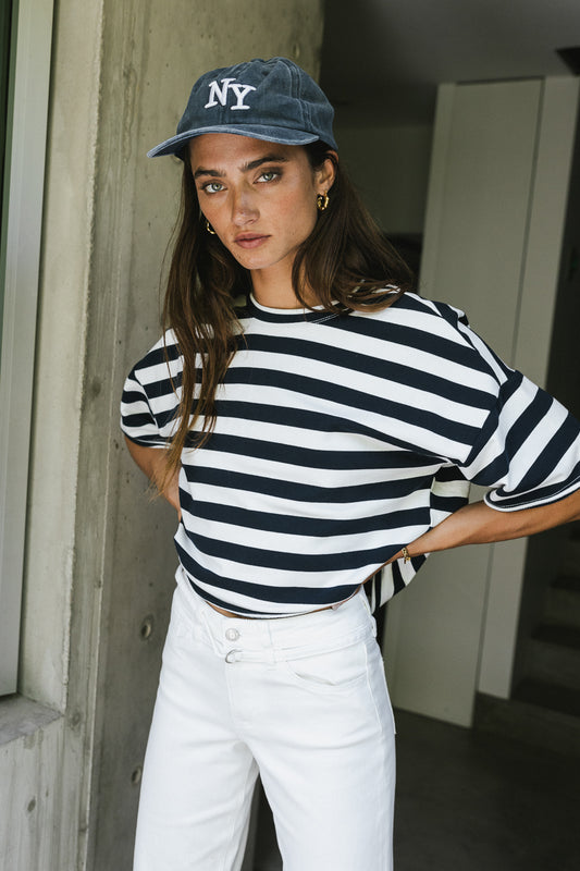 boxy striped crop tee in navy and white