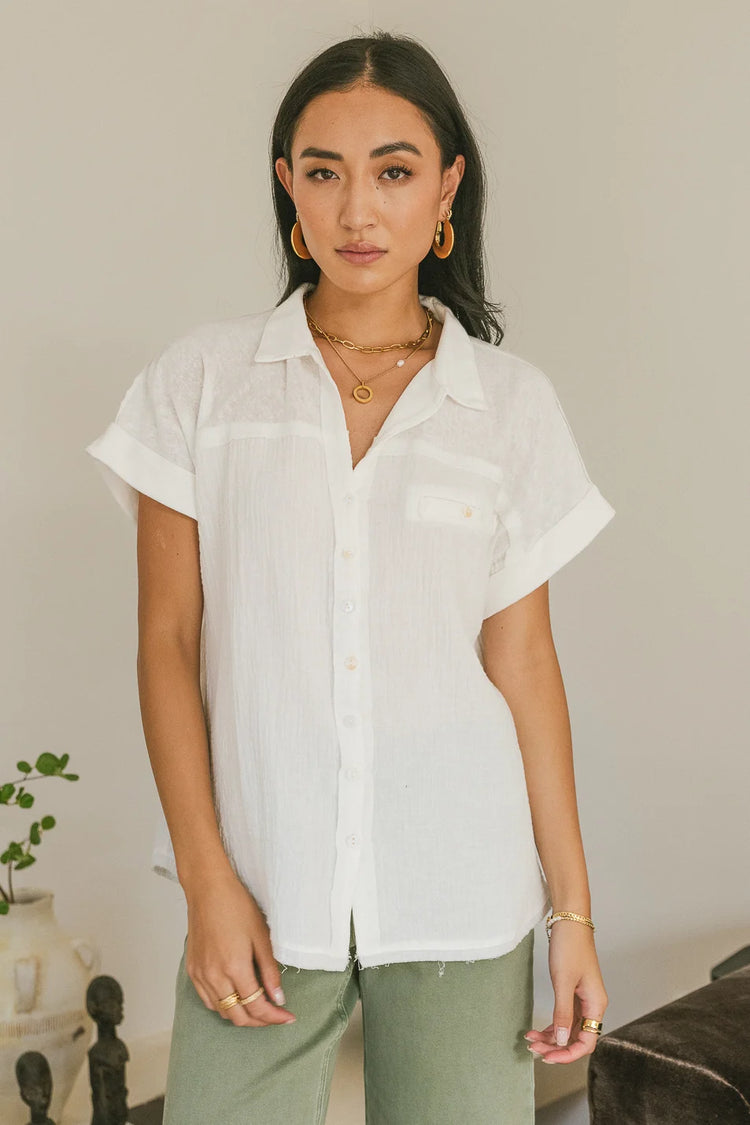 Rolled cuffs button up top in white 