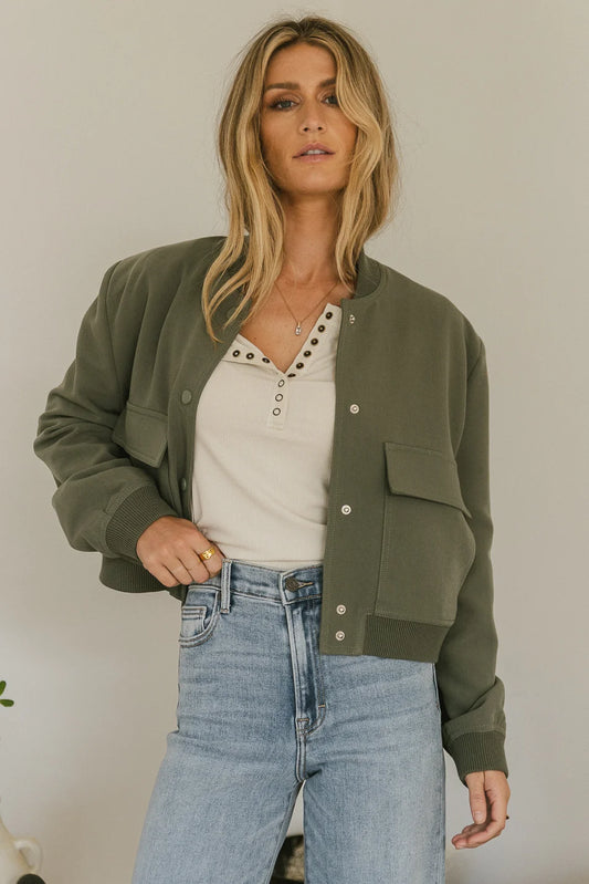 Button up bomber jacket in olive 