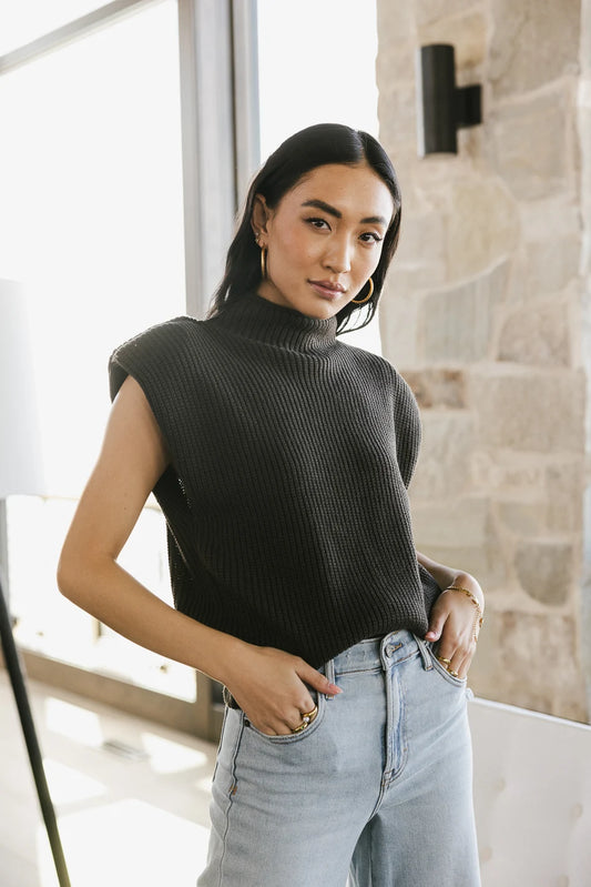 Mock neck shoulder pad sweater in charcoal 