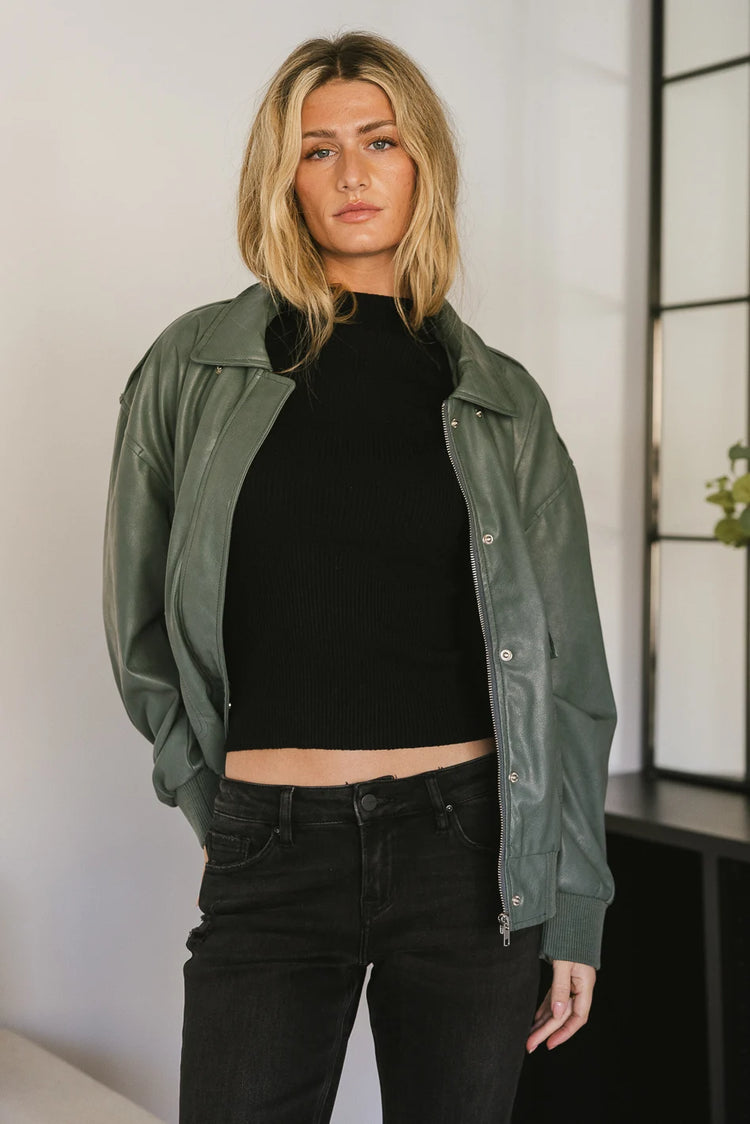 Button up vegan leather jacket in olive 