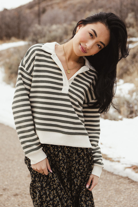 striped knit top in olive