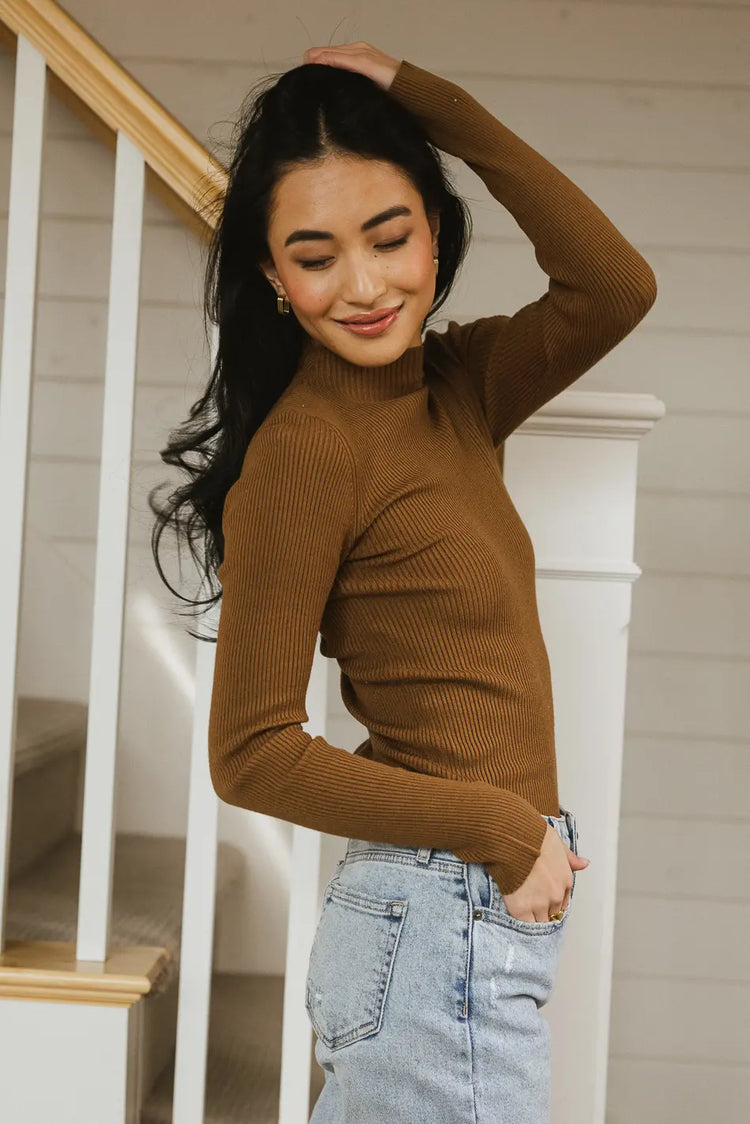 brown ribbed high neck top
