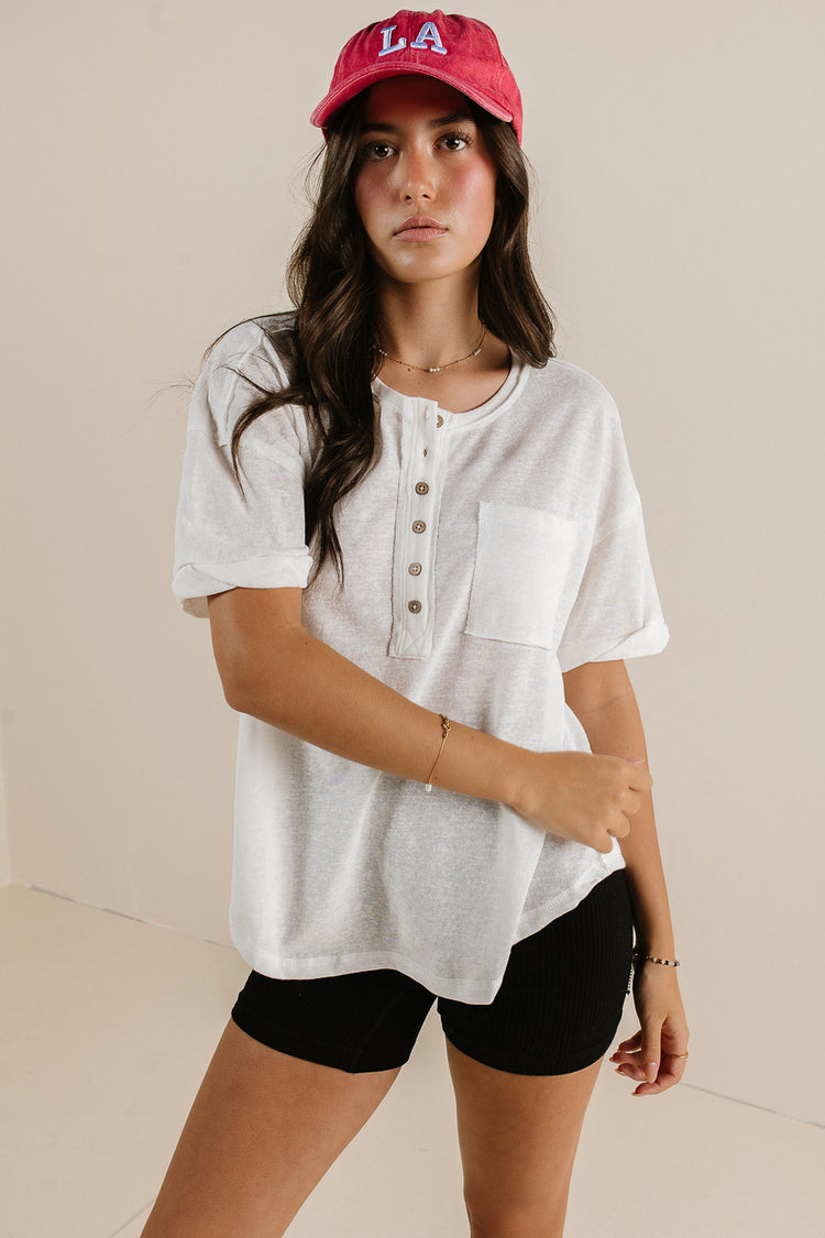 relaxed fit white tee with buttons