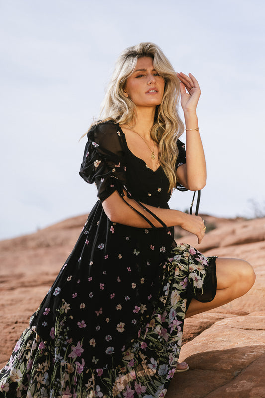 black floral dress with ruched sleeve