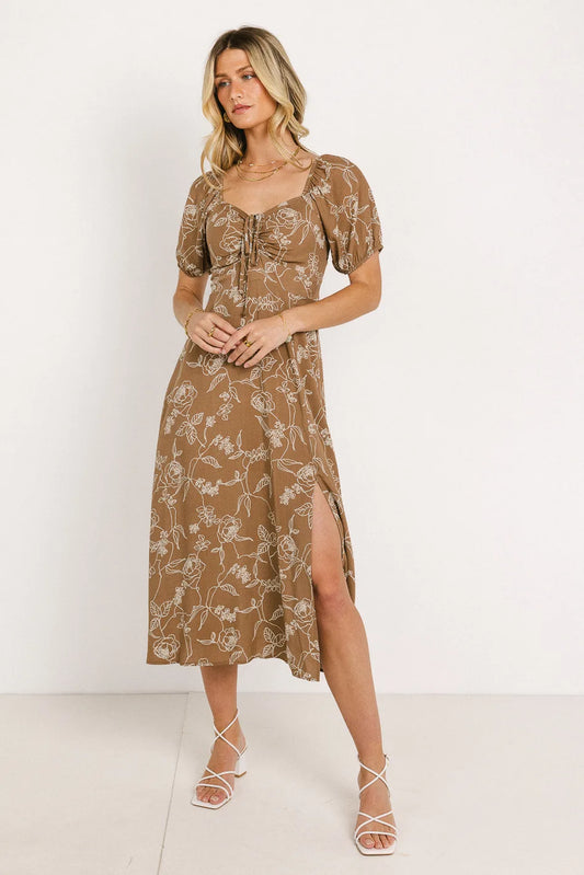 Font chest ruched dress in brown 