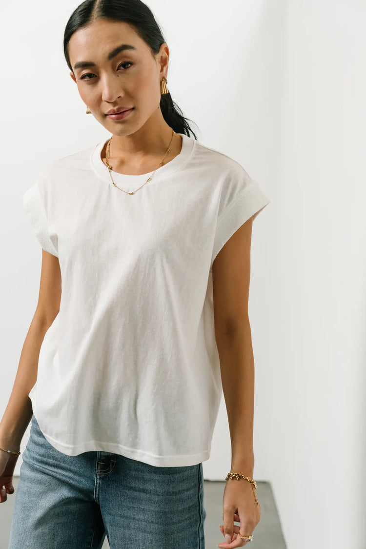 Ribbed cuff sleeves top in white 