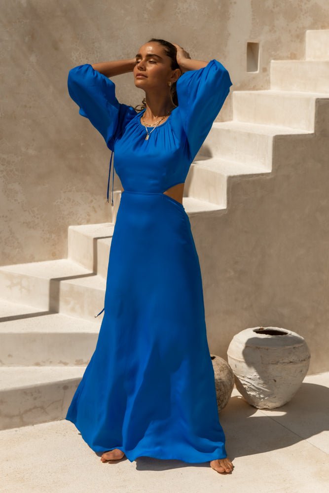blue maxi dress with long sleeves