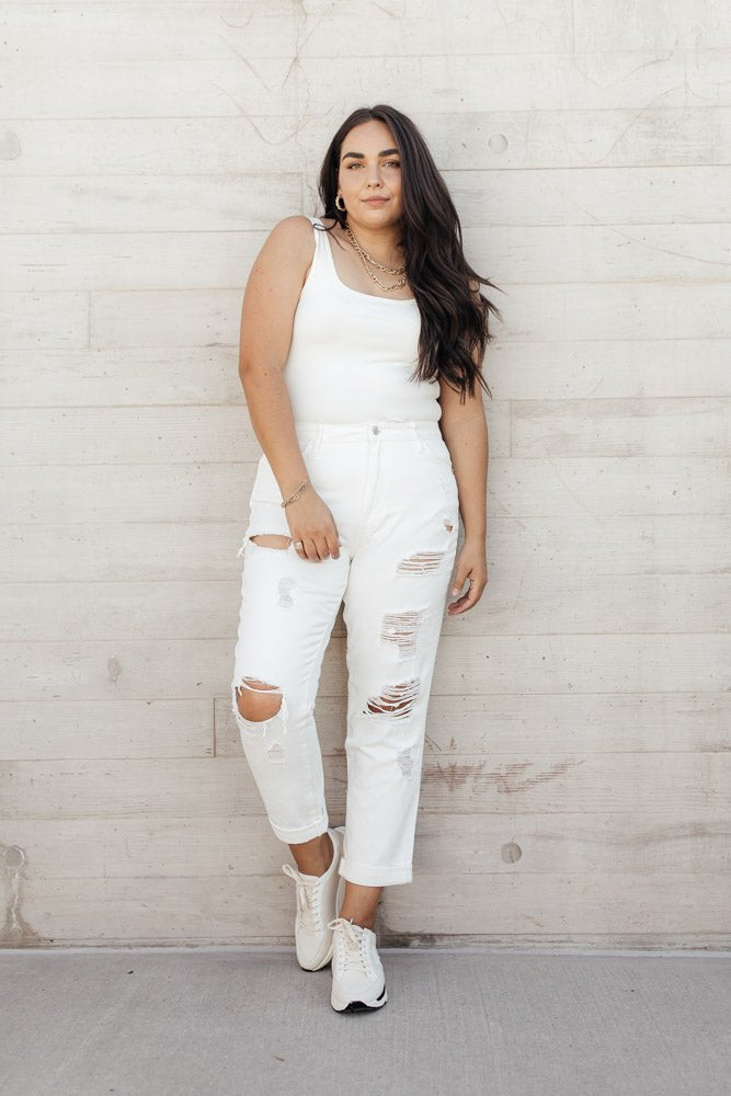 distressed mom jeans in white color
