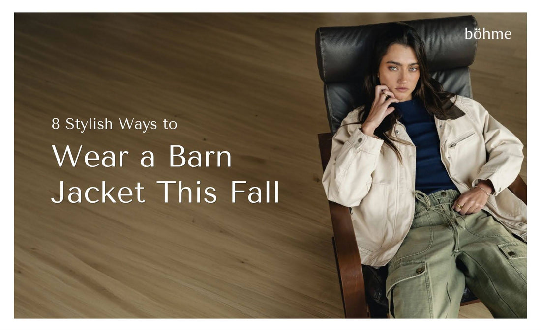 Woman wearing a cream barn jacket over a navy top with green cargo pants
