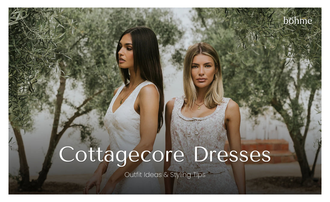 Two women in white and floral dresses standing among olive trees