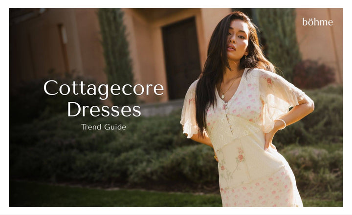 Woman wearing a white floral cottagecore dress with puff sleeves