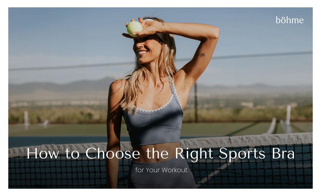 Woman in grey scalloped sports bra standing on a tennis court