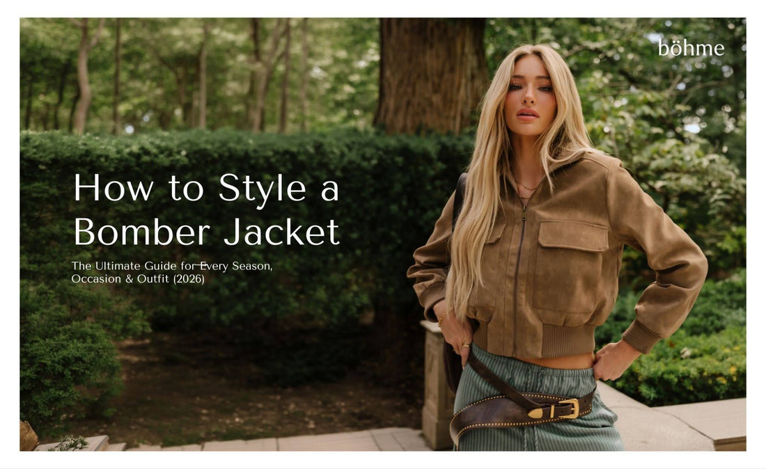 Woman wearing a brown cropped bomber jacket with green pants and a statement belt