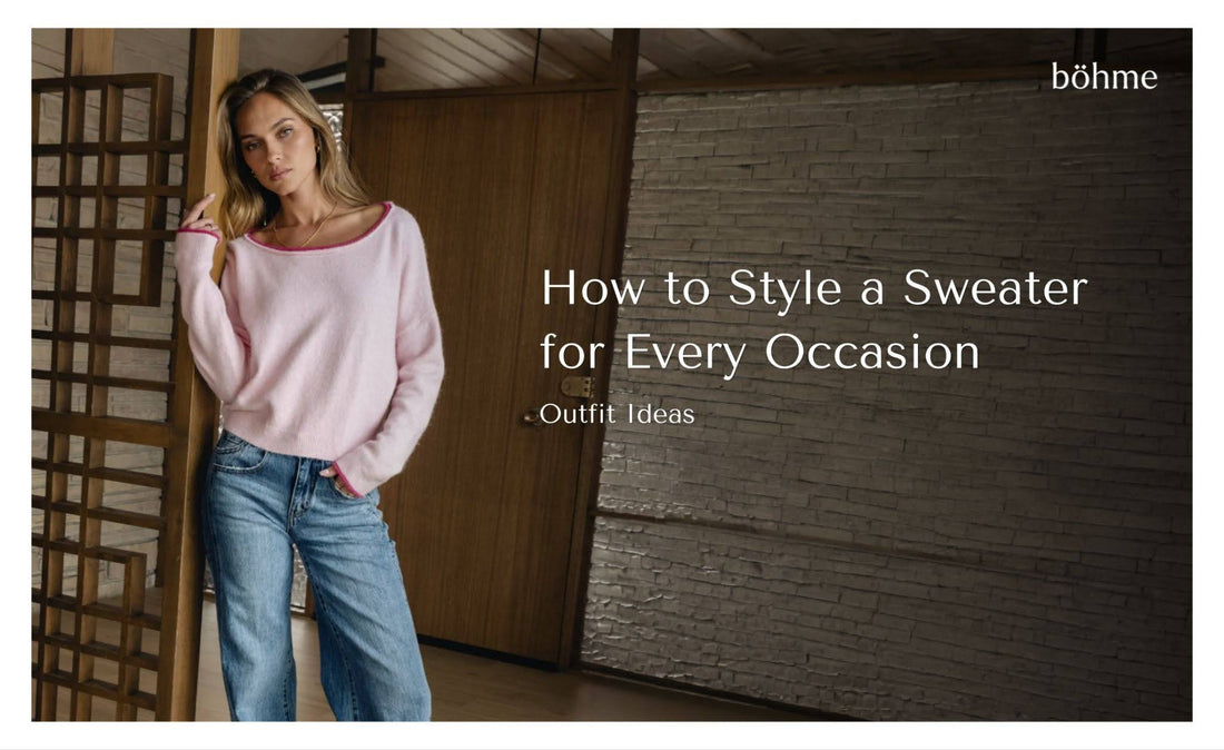 Woman wearing a light pink sweater with blue jeans