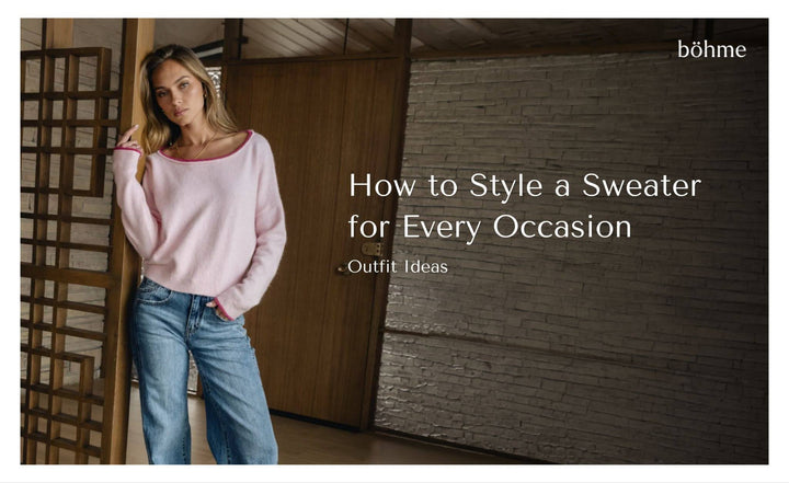 Woman wearing a light pink sweater with blue jeans