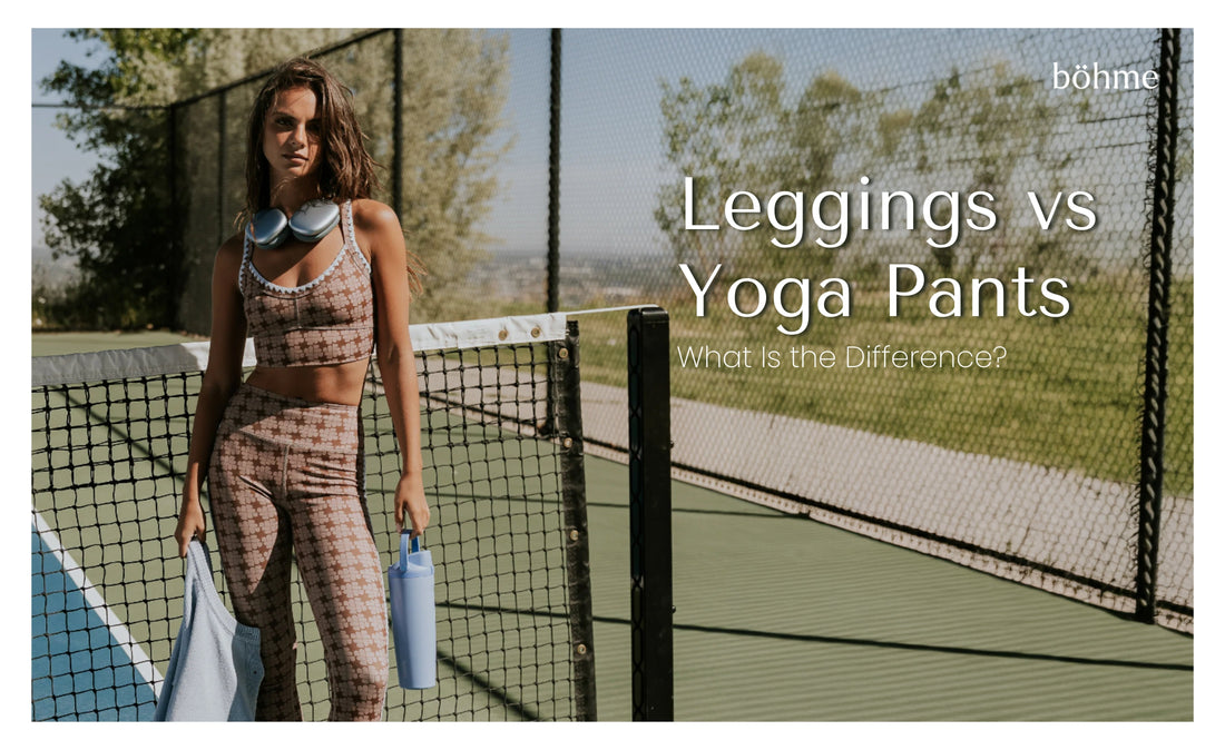 Woman in brown and cream printed high-waist leggings and matching sports bra set on a tennis court