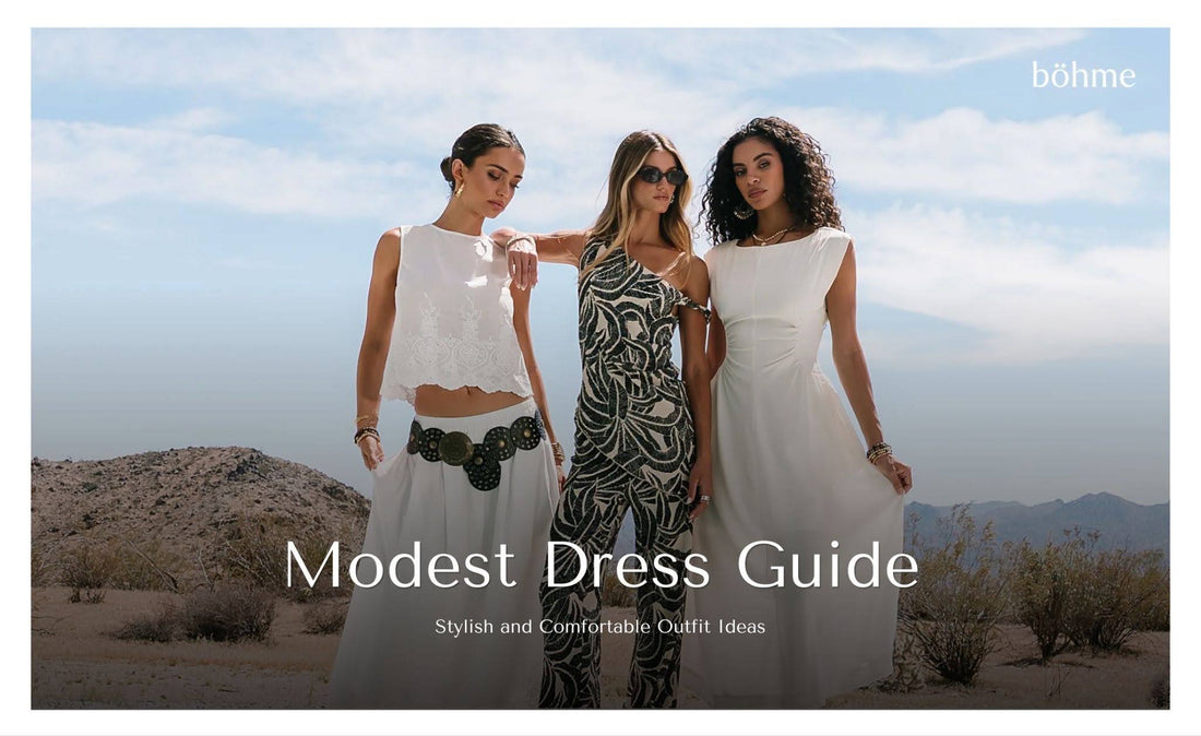 Three women wearing modest white and patterned dresses in an outdoor desert setting