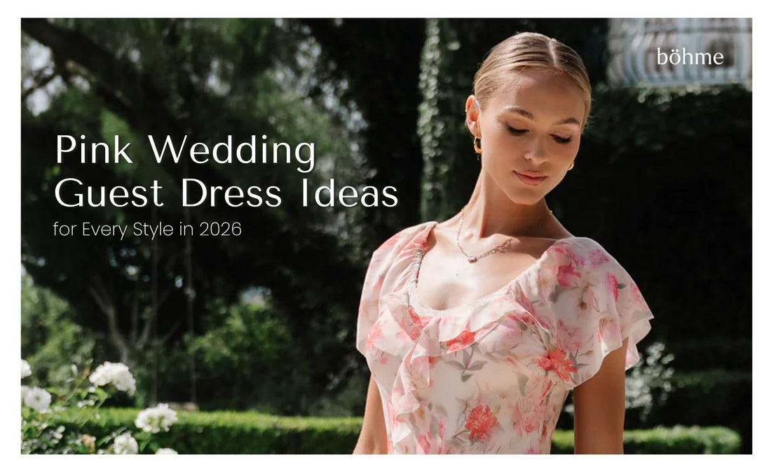 Woman in a pink floral ruffle dress posed in a garden setting