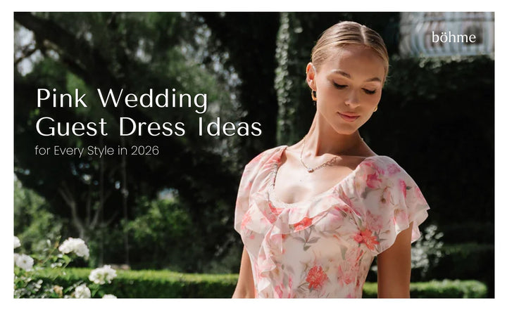 Woman in a pink floral ruffle dress posed in a garden setting