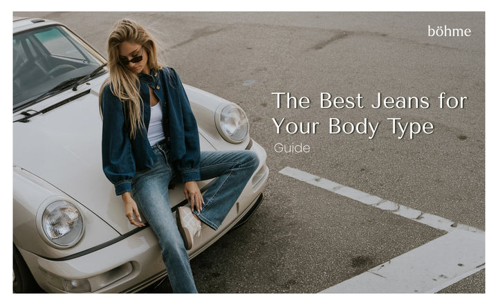 Woman in straight-leg jeans and denim jacket, best jeans for your body type guide