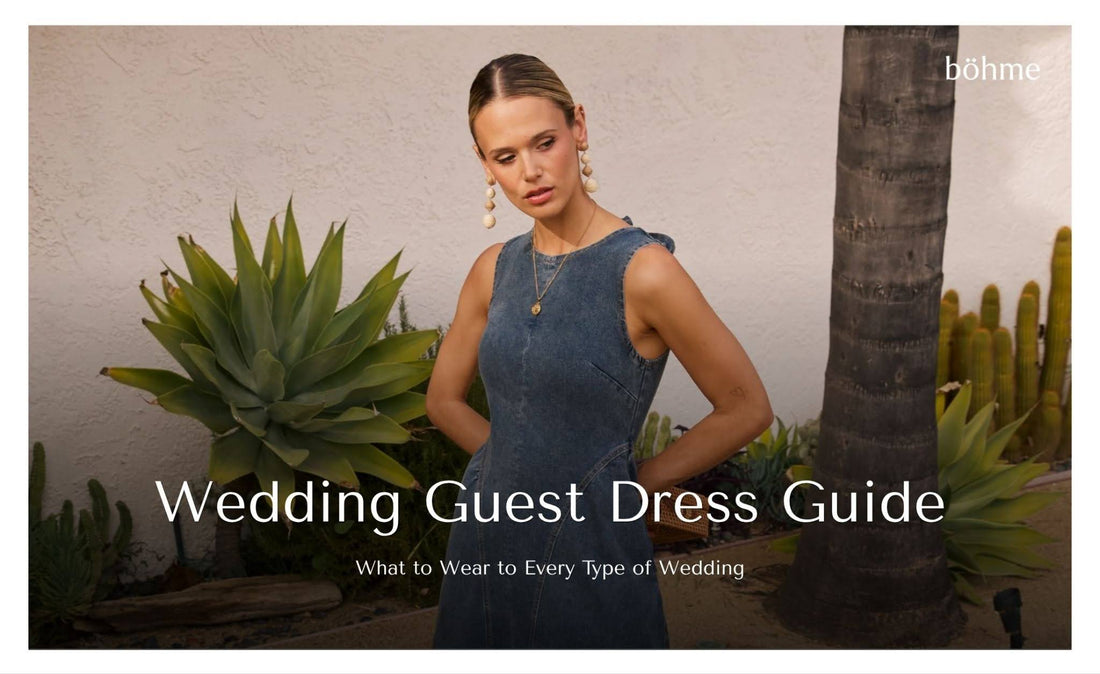 Woman wearing a sleeveless denim midi dress with statement earrings.