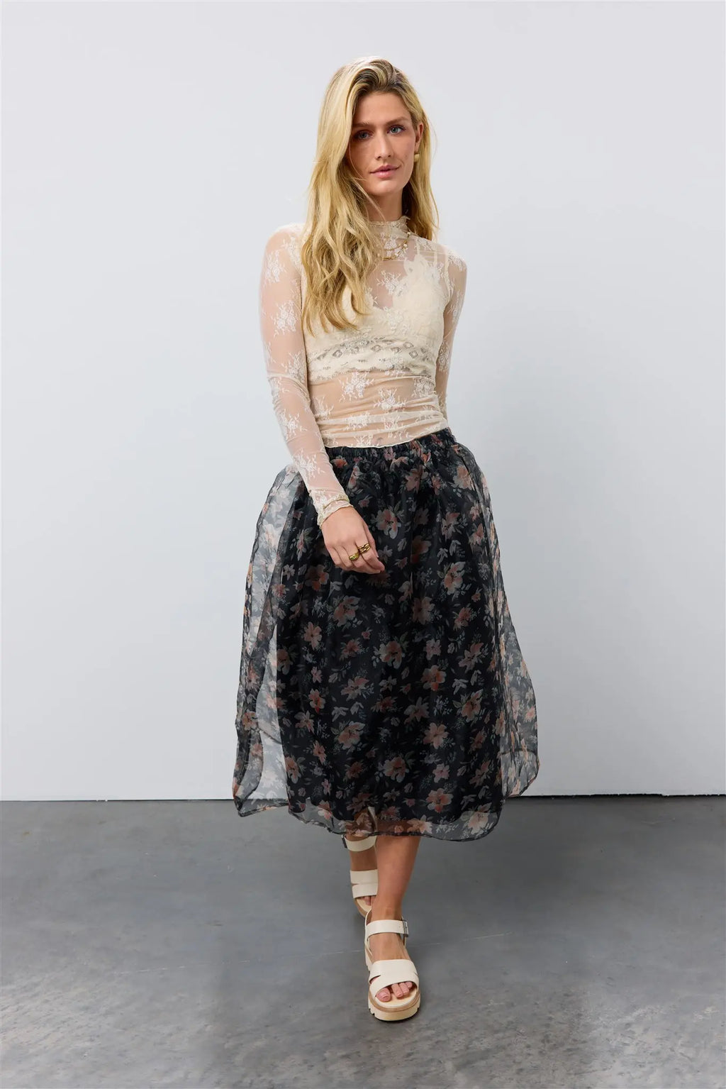 Midi floral organza skirt 