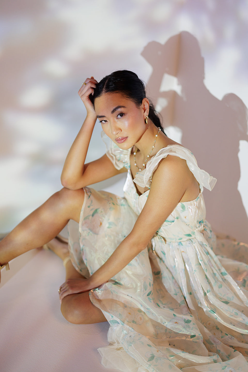 maxi floral mesh dress with ruffle sleeve