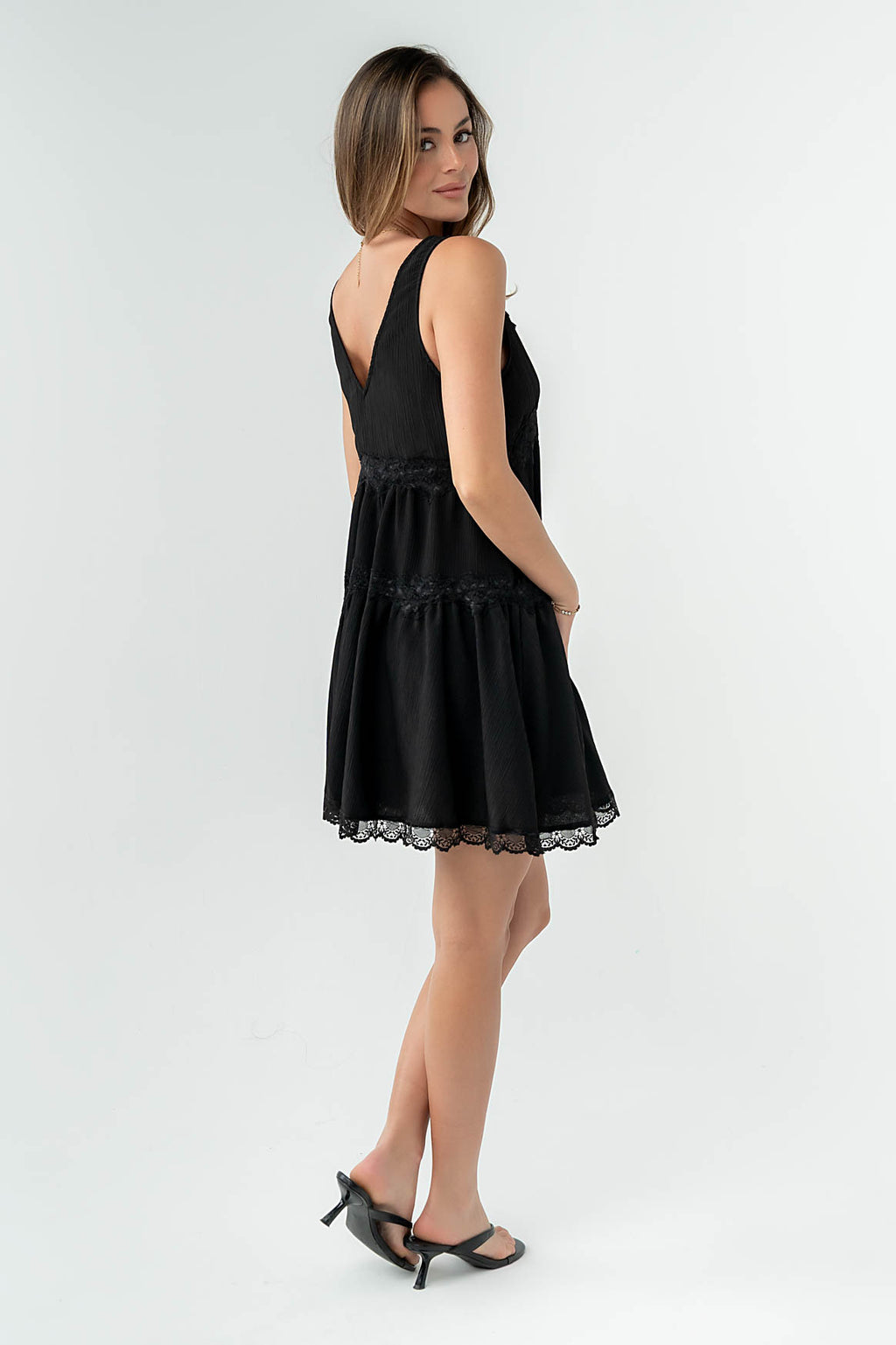 Quinny Lace Trim Mini Dress in Black