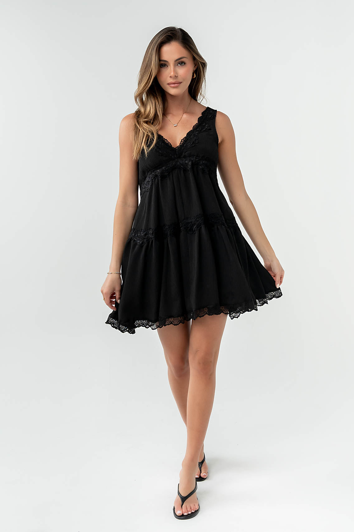 Quinny Lace Trim Mini Dress in Black L / Black