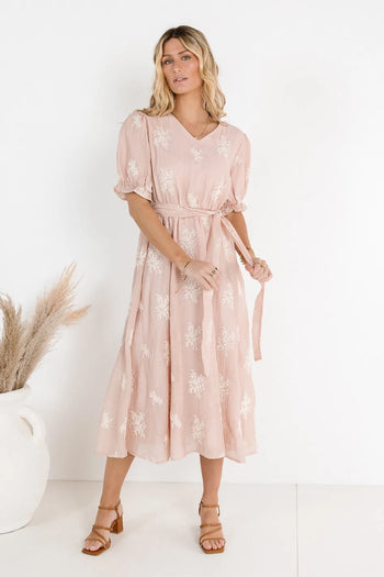 Adjustable waist tie dress in blush 