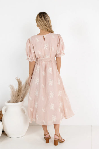 Woven floral midi dress in blush 