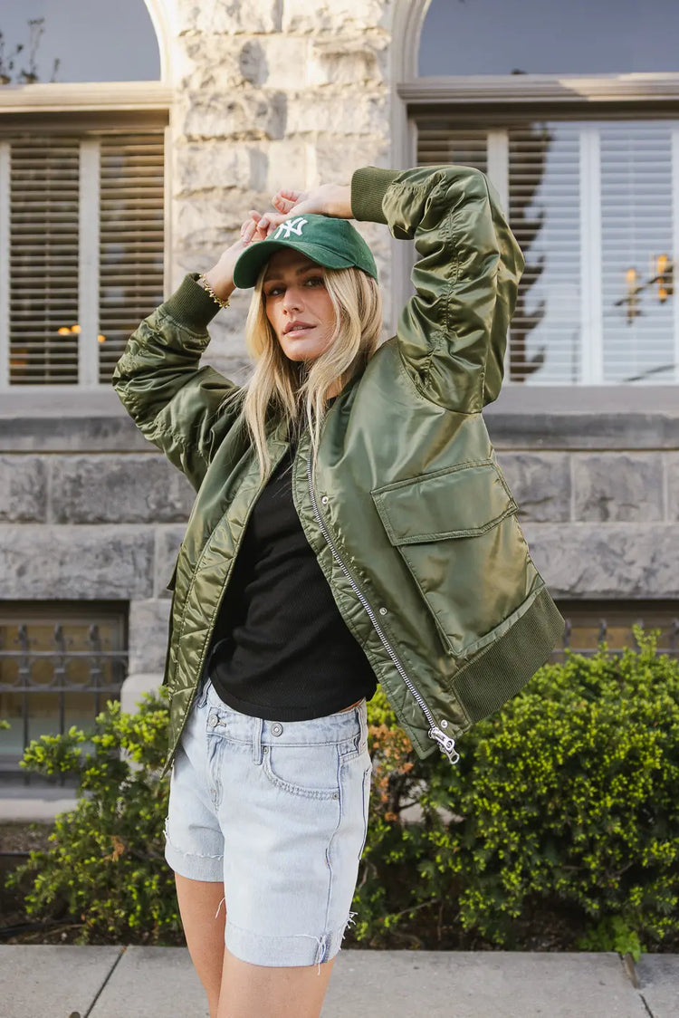 Rylee Satin Bomber Jacket in Green bohme