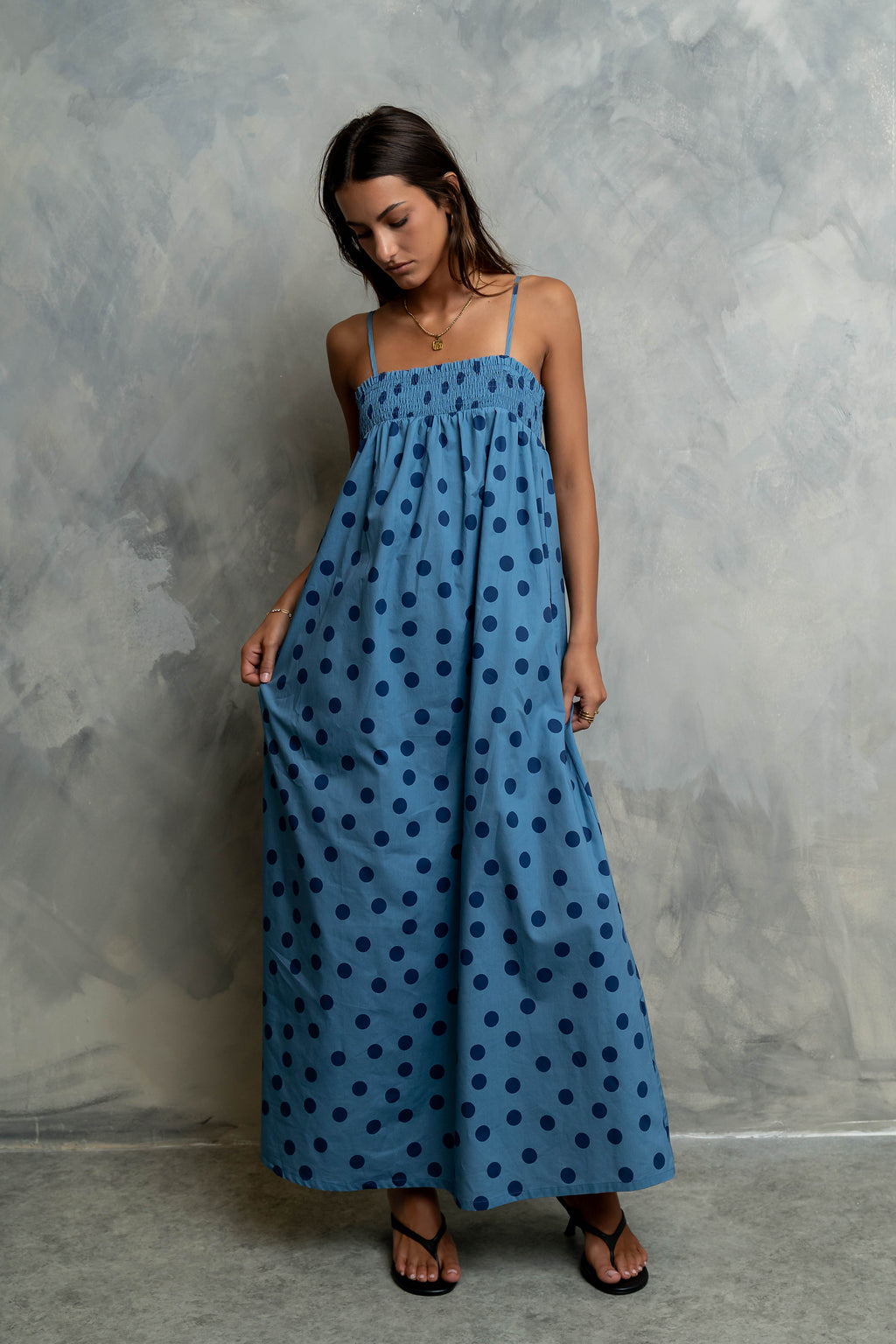 Taylen Polka Dot Maxi Dress in Dusty Blue