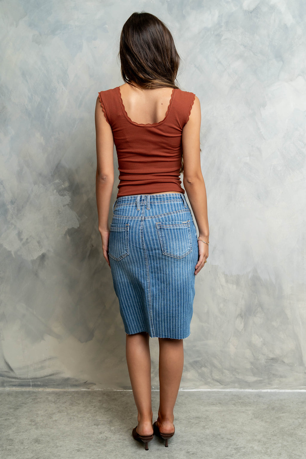 Bridget Striped Denim Knee Length Skirt