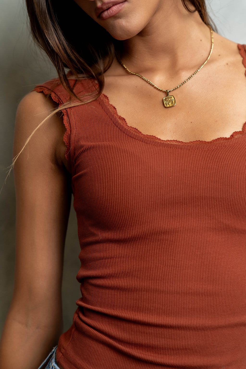Sawyer Lace Trim Tank Top in Brick