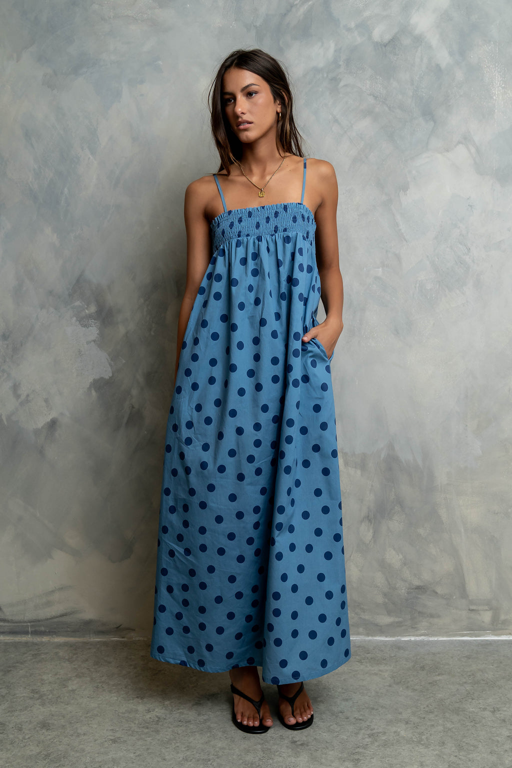 Taylen Polka Dot Maxi Dress in Dusty Blue