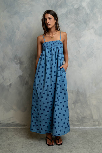 Taylen Polka Dot Maxi Dress in Dusty Blue