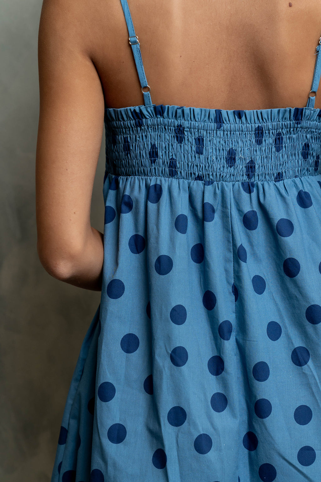 Taylen Polka Dot Maxi Dress in Dusty Blue