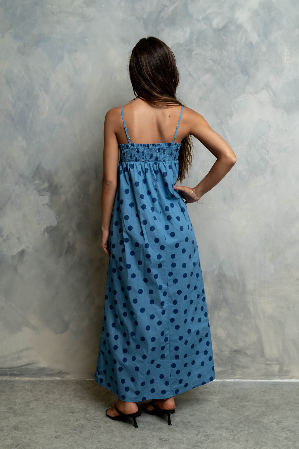 Taylen Polka Dot Maxi Dress in Dusty Blue