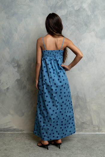 Taylen Polka Dot Maxi Dress in Dusty Blue
