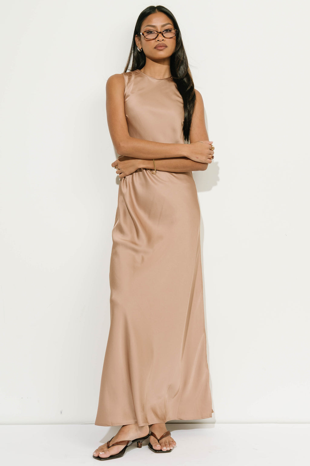 River Satin Maxi Dress in Taupe