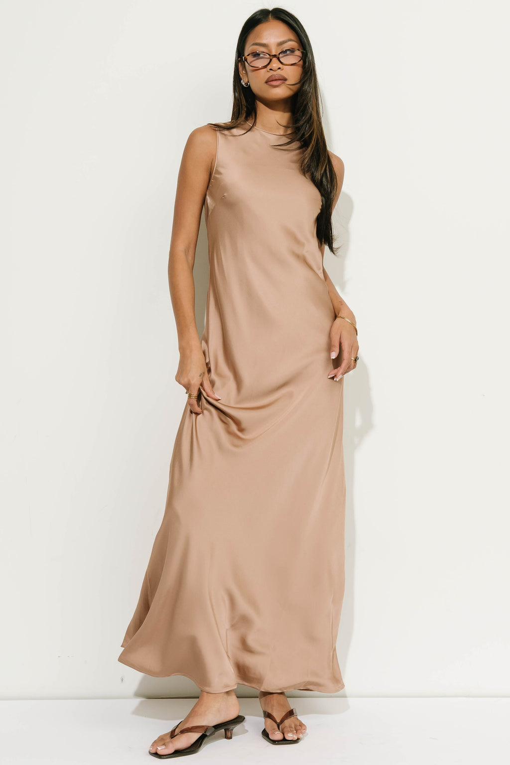 River Satin Maxi Dress in Taupe