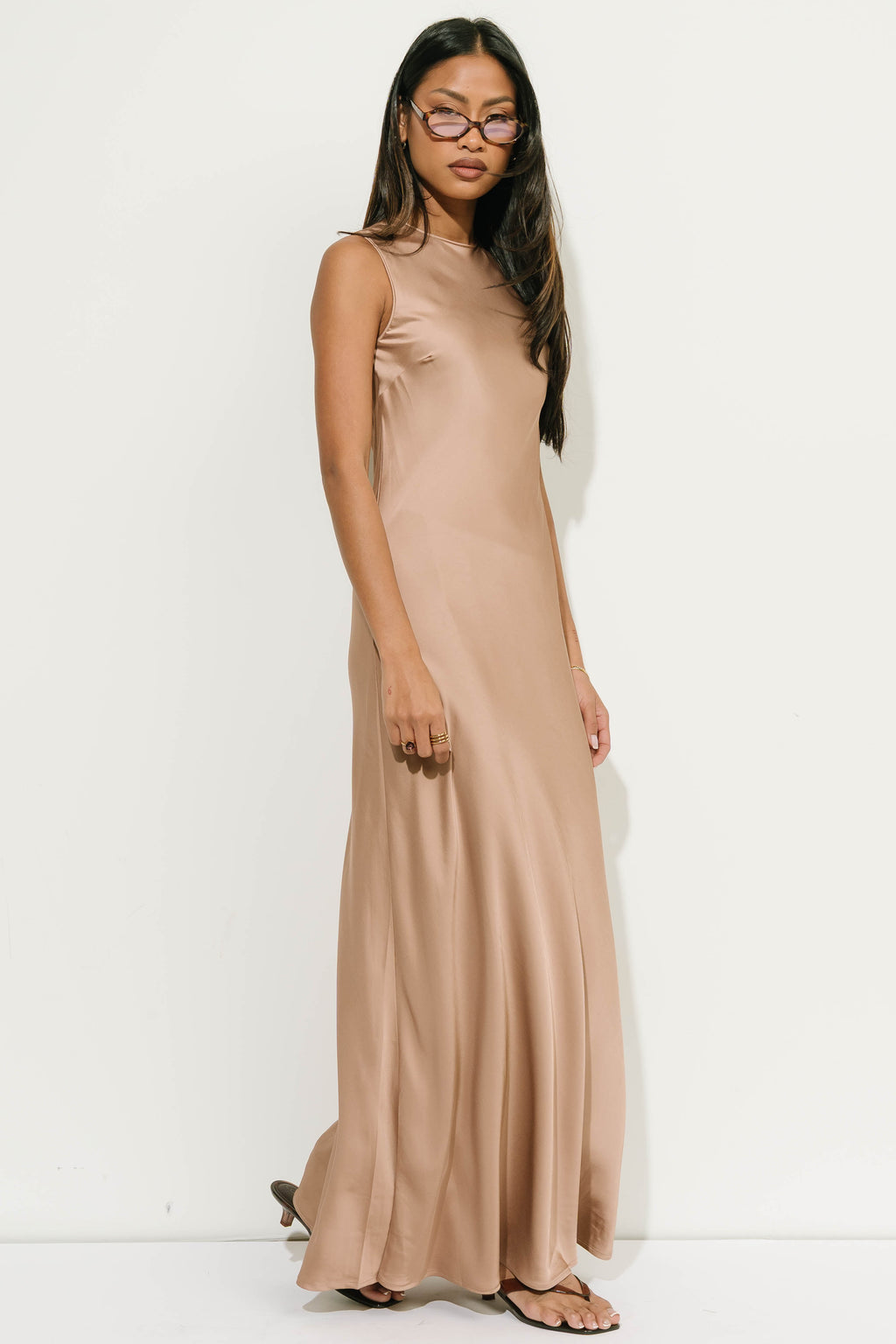 River Satin Maxi Dress in Taupe