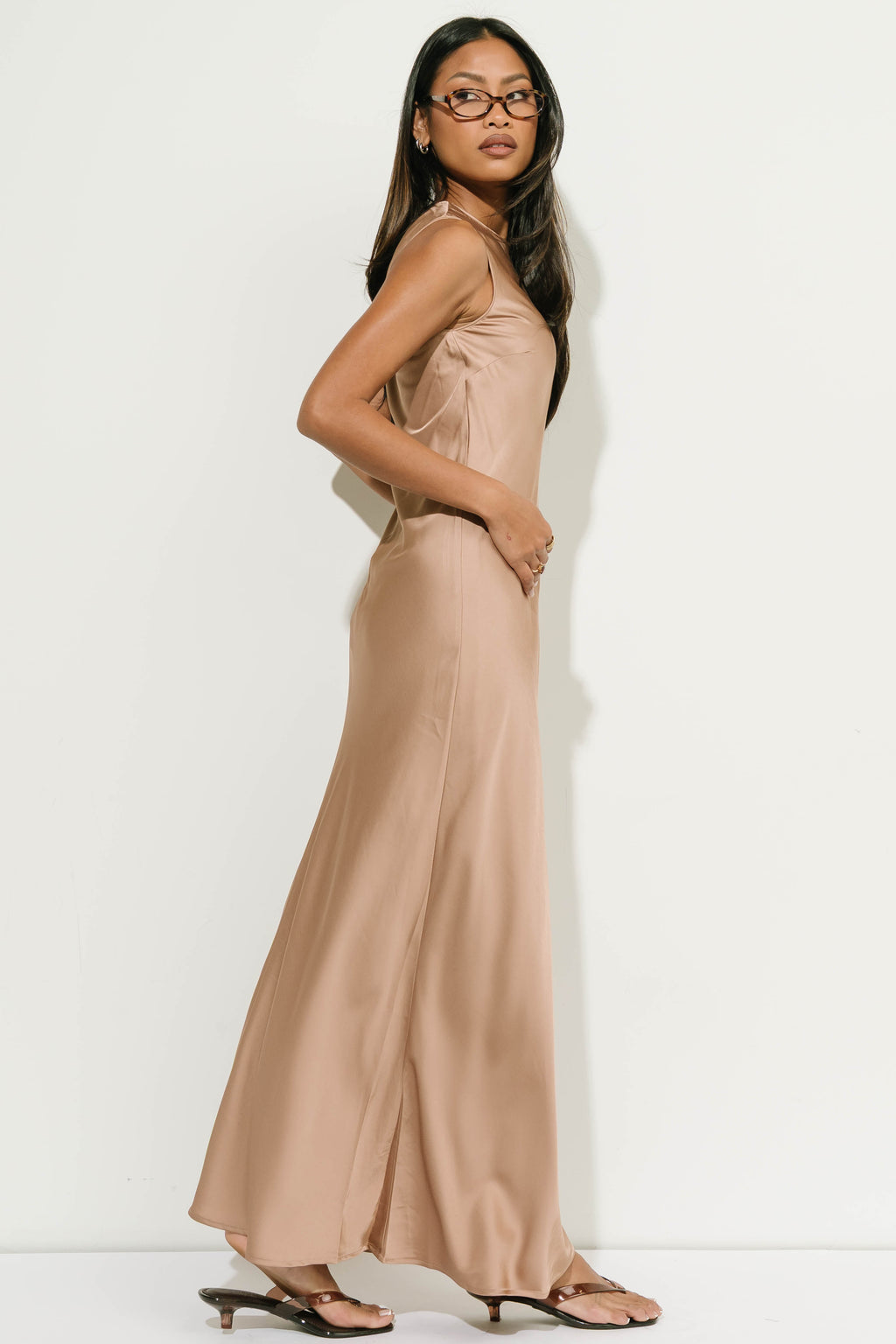 River Satin Maxi Dress in Taupe