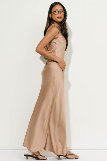 River Satin Maxi Dress in Taupe